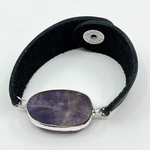 Vintage Tandy Black Leather Amethyst Druzy Cuff Bracelet Boho Silver‎ Tone Snap